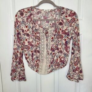 Bleuh Ciel Paisley Printed Embroidered Bohemian Top Blouse Small